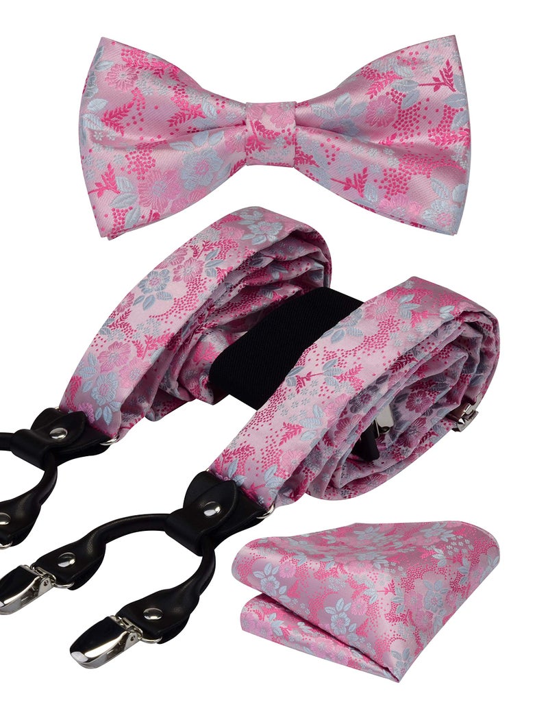 GUSLESON Pink Flora Suspenders for Men Wedding Silk Pre-tied Bow Tie and Pocket Square Set(0102-04) - Image 1